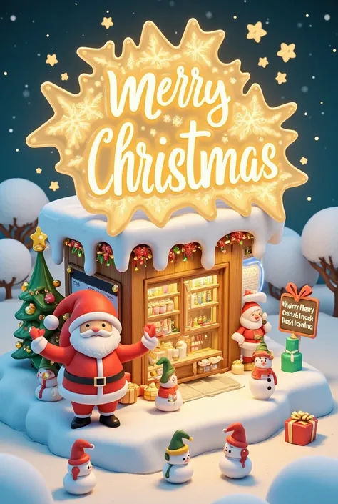 with "Merry Christmas",top view,surreal scene,Christmas,3D cartoon style,digital illustration of a rural,Christmas store,clear glass. Above it says:a huge logo surrounded by Snow. The sky is gold with snowflakes floating above the store,there is a cute San...