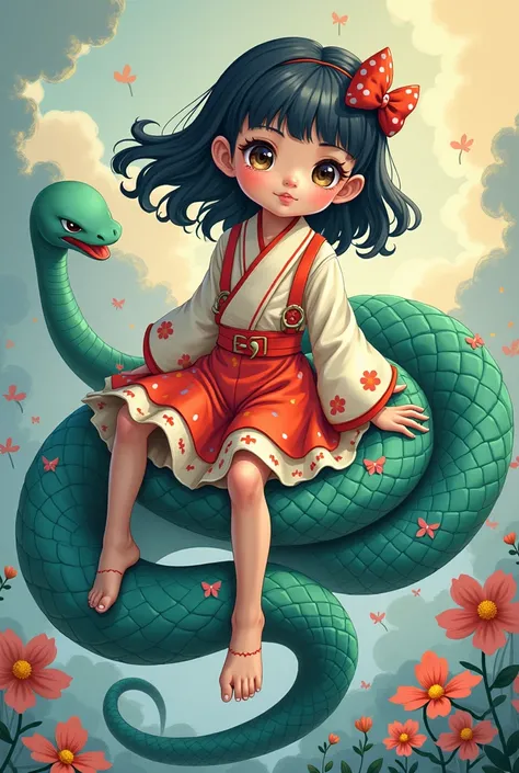 Fille manga assise sur serpent 