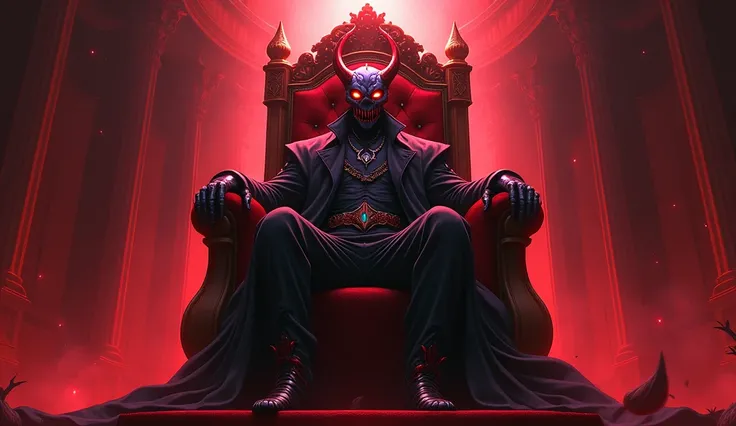 A demon king with face mask and demon king seems like human seat on a throne and the background of image will be red and creepy and whole image in anime style 