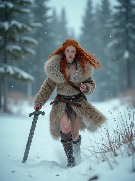 A photorealistic, highly detailed scene in ultra-high resolution (4K) depicting a Siberian sexy redhead girl warrior, semi nude and dressed with a small intricately crafted animal hides,  wielding a slightly glowing sword. The sword is inscribed with myste...