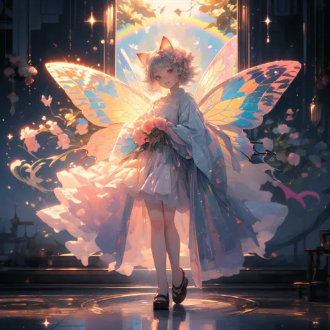 ((masterpiece:1.2)), (( top quality :1.2)),  one girl ((Cat ears,  fairy with beautiful butterfly wings on her back, たくさんのflowerに囲まれている,  Friendly Smiles ,  pale pink cheeks ,  beautiful silver hair,  plump pink lips,  white skin, Ruffles and lace, [Cat ea...