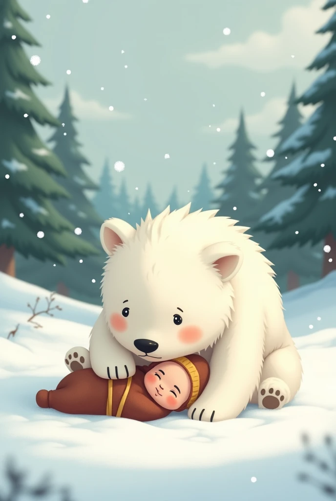 Make it small video with white bear try to protect Russian baby from the sknow