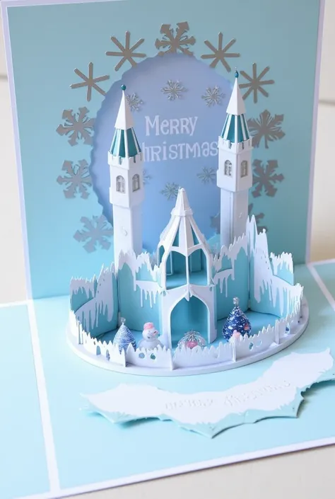 A realistic close-up photo of a handmade Christmas pop-up card, made entirely from carefully cut and folded paper or card stock. The card opens, revealing an elaborate 3D scene made from layered paper: a magnificent ice castle , surrounded by a frozen moat...