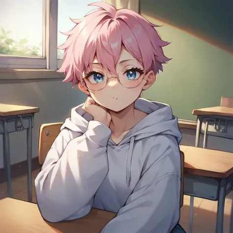 a tomboy with pink hair and blue eyes. she has a round face and round glasses on. she wears an oversized white hoodie and blue jeans. she looks at you innocently while in a classroom.