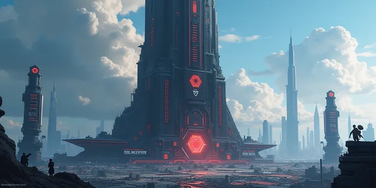 Anime style realistic illustration , A colossal, monolithic skyscraper piercing the skyline of a dystopian, futuristic city. The HEXCORP Tower looms above all other structures, its sleek, angular design exuding dominance and control. The exterior is constr...