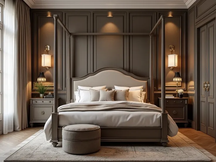 Create a bedroom in Modern Classic style. The Modern Classic bedroom should have elegant, timeless furniture with rich textures and sophisticated accents.