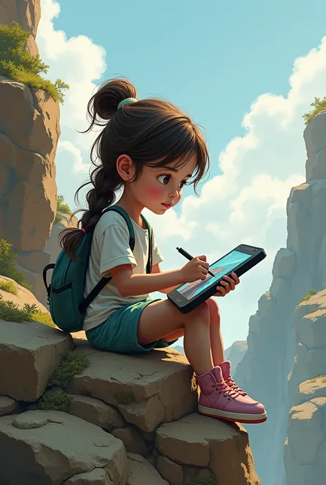 Can you draw a girl drawing a landscape picture on the tablet with the pen of the tablet sitting on the rocks? Let it be in drawing format