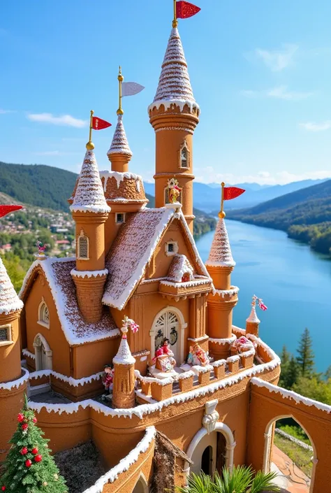 handmade colored knitted wool,handmade white knitted wool,no humans,sky,scenery,blue sky,building,flower,day,cloud,outdoors,river,knitted wool,riverside scenery,green mountains and sky in the distance,gingerbread,Ultra HD quality,The elaborate gingerbread ...