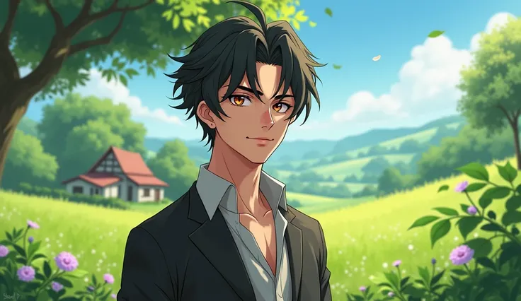 Create an eyecatching and attractive  thumbnail a man anime art in the field background with trees and grass in the village