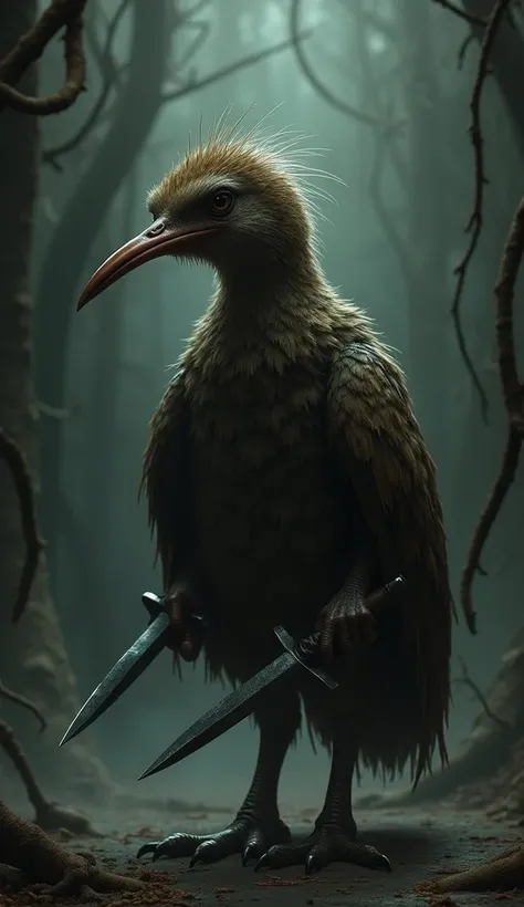 A stealthy kiwi bird warrior cloaked in shadows with twin daggers.