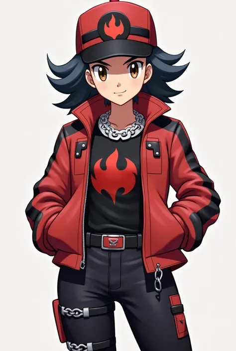  Make a Pokémon trainer with the following characteristics , red cap,  in the center of the cap the color is black with a symbol of red fire,  black hair,  brown eyes,  wearing a red leather jacket with a high collar and with some . black details,  inside ...