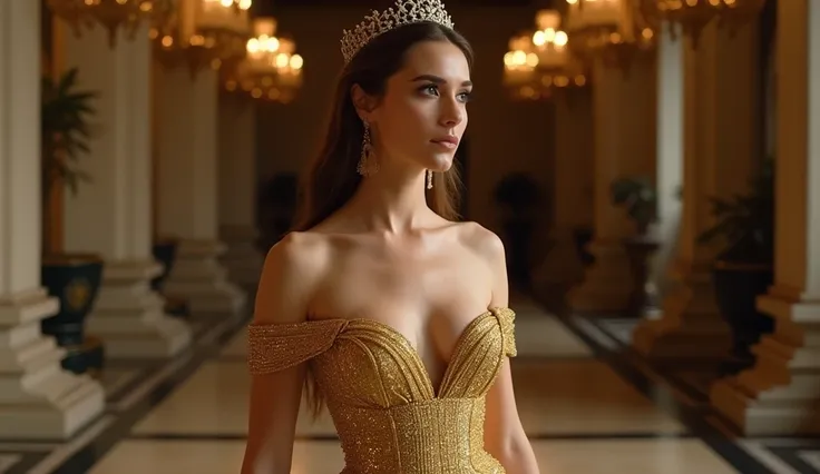 A beautiful queen standing confidently in an elegant palace interior. She wears a stunning golden gown with a larger neckline that gracefully exposes her décolletage, adding a bold and regal allure to her appearance