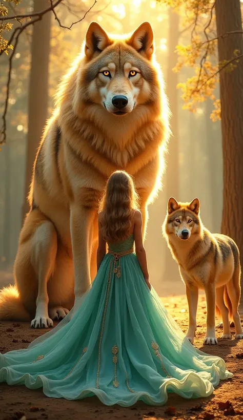 "An enchanting scene of a young woman in a flowing turquoise frock with golden accents, its vast skirt spreading outward like a sparkling lake. She stands in awe before an enormous amber wolf with glowing golden-orange eyes and fur that shimmers like sunli...