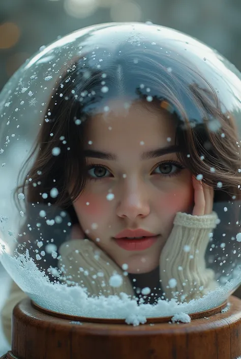  Beautiful woman with dark brown hair ,in casual clothes along with a huge giant snow globe , close together  , Natural photo looks natural