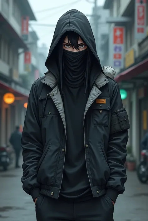 19 -year-old white-skinned man with long black hair , Black coffee eyes ,  slim build , with something that covers his mouth and nose and hood up in anime-style wear street clothes