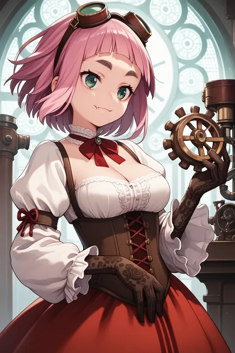 source_anime,
kiuiwatase, kiui watase, short hair, bangs, hair ornament, green eyes, pink hair, thick eyebrows,blunt bangs,
skin fang, large breasts, cleavage,                         steampunk theme, victorian cityscape background, wearing a detailed stea...