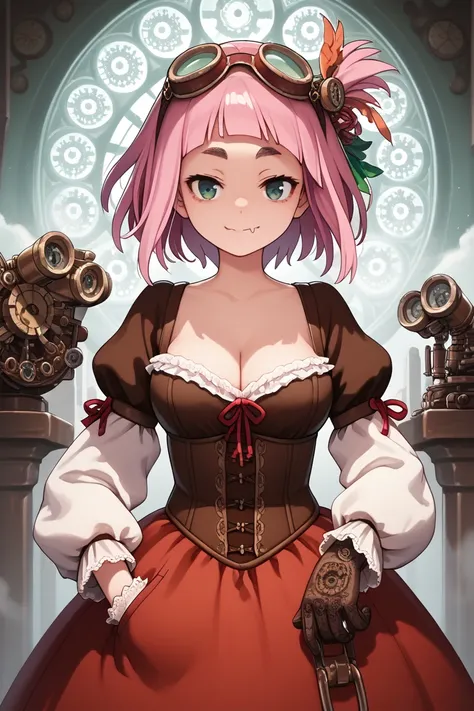 source_anime,
kiuiwatase, kiui watase, short hair, bangs, hair ornament, green eyes, pink hair, thick eyebrows,blunt bangs,
skin fang, large breasts, cleavage,                         steampunk theme, victorian cityscape background, wearing a detailed stea...