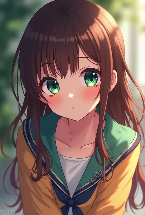 A beautiful anime girl, has green eyes, brown hair , wears colourful pastel clothes, has a scar near her eye