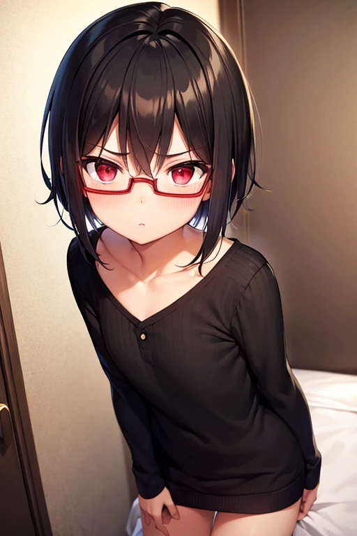 short stature,flat chest,glassis,short hair,black hair,red eye,bed room,knit sweater,lingerie,embarrassing,blush, 1 girl,  high definition , masterpiece,  anatomically correct, accurate,  top quality ,  very detailed, 