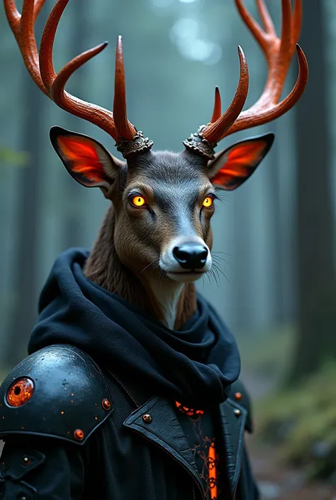 anthropomorphic creature with deer antlers close-up full-length, man with deer head, looking into camera at viewers, deer angel body, deer with bright orange eyes, with majestic antlers, contrast skin, high quality, hyperrealistic, standing deer man, gothi...