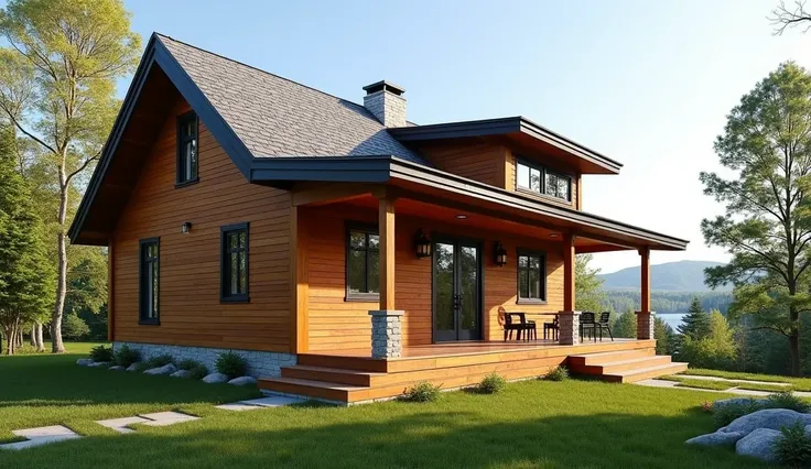 Envision a unique single story Canadian-style small modern house, featuring walls made of horizontal SPF wood painted in a warm brown color and a charming, GABLE and MONO roofs with asphalt shingles and porch perfect for enjoying the scenic views of the su...