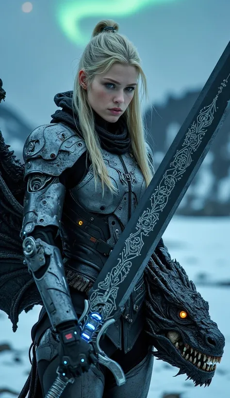 A cyberpunk warrior woman with long, neatly tied blonde hair, a face with strong Scandinavian features, and sharp gray eyes. She wears silver armor with Norse runes engraved with blue light. Her large sword with a design like the tree of life Yggdrasil is ...