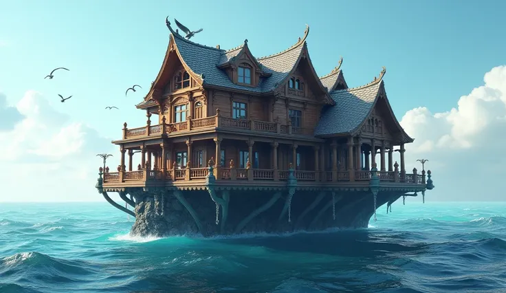 A big expensive house floating in ocean, a house maded completely wood, 