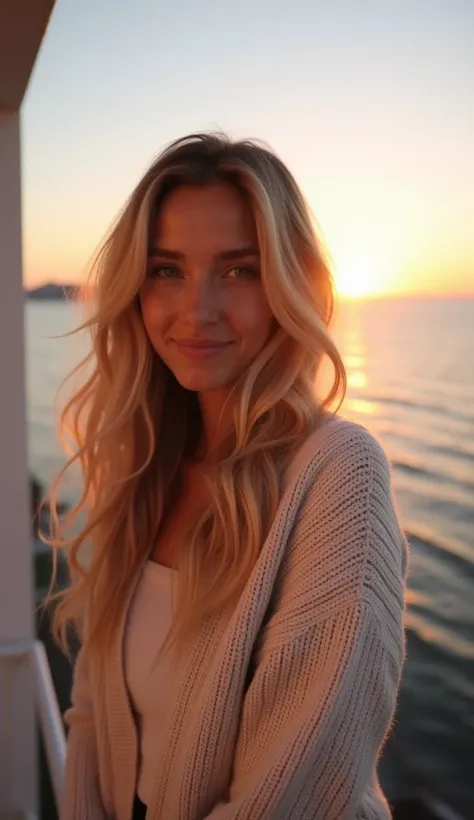 A 37-year-old woman with long, wavy blonde hair, wearing a comfortable knitted sweater, standing on a balcony with an ocean view during sunset.