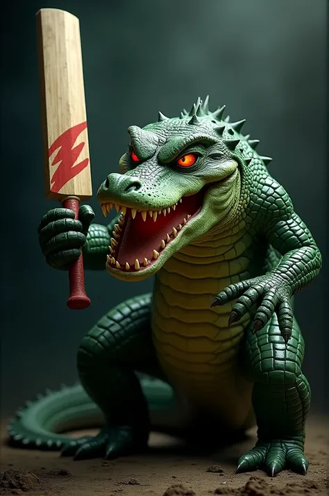 Angry crocodile holding cricket bat with red eyes logo