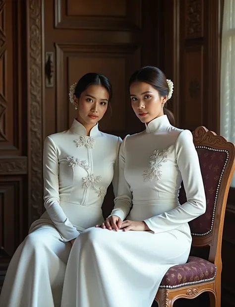 Photography profesional menampilkan 2 perempuan cantik indonesia berumur 20 tahun senada,  wearing luxurious kebaya fashion in white and wearing sa while posing a focused gaze to the camera , are sitting together in a very elegant carved chair  ,  in a roo...