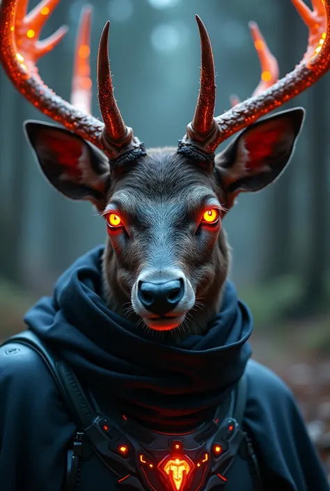 anthropomorphic creature with deer antlers close-up full-length, man with deer head, looking into camera at viewers, deer angel body, deer with bright orange eyes, with majestic antlers, contrast skin, high quality, hyperrealistic, standing deer man, gothi...