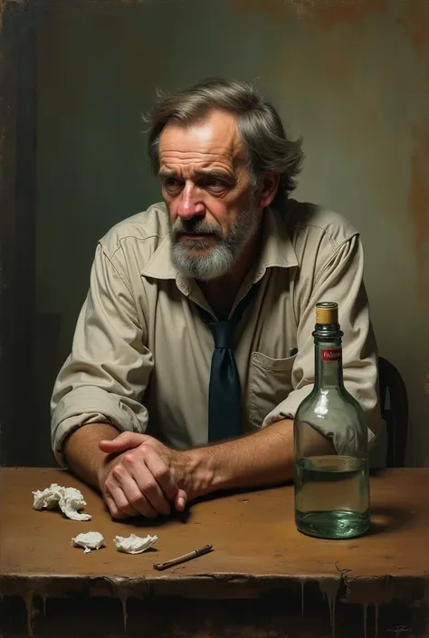  A painted drunk man is sitting alone, leaning against the table, with a bottle of Avshar vodka on it .