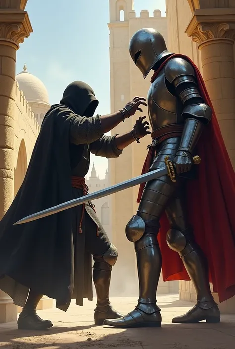 Assassin using hidden blade to stab crusader knight in the neck. Jerusalem 1400s