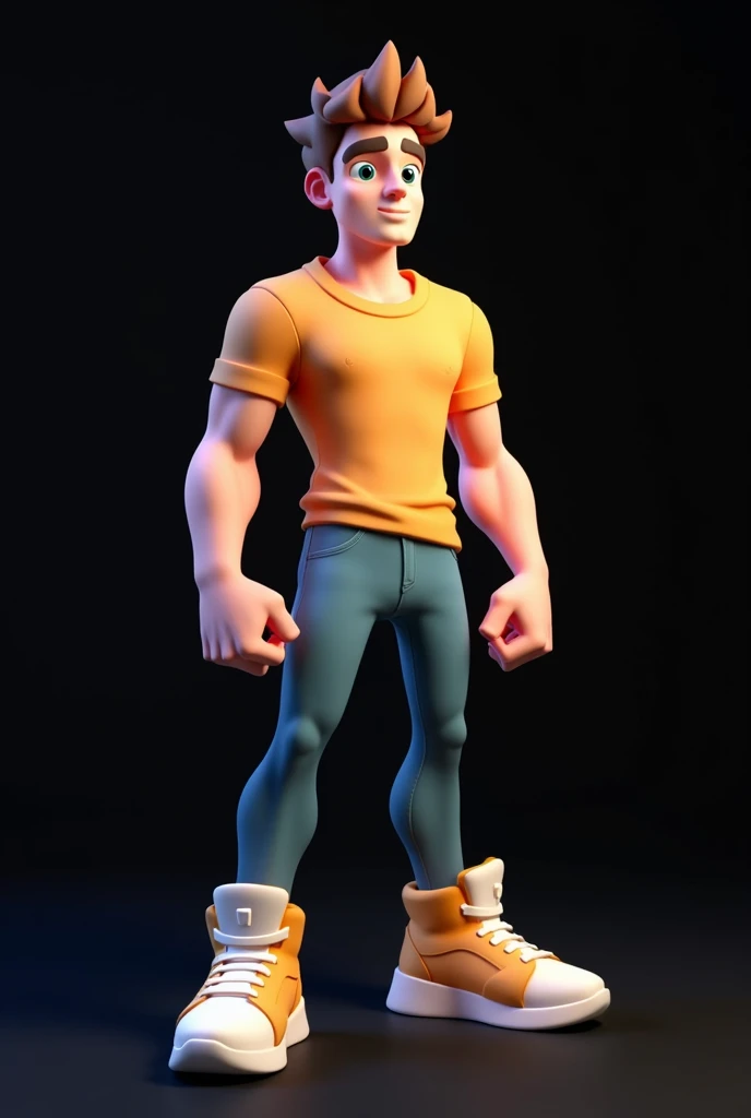 Low-poly male character designed for a mobile game, resembling a 3D model. The character should have simple, clean shapes, exaggerated proportions like slightly oversized hands or head, and vibrant colors. Clothing should be futuristic or casual with minim...