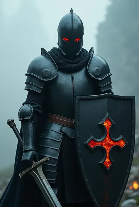 A knight wears a beautiful decorative black shield, a sword like that of Gats from Berserk, standing in fog, wearing a beautiful decorative black helmet that covers his entire face, standing between fog. His shield is made of lava taken from the lava god, ...