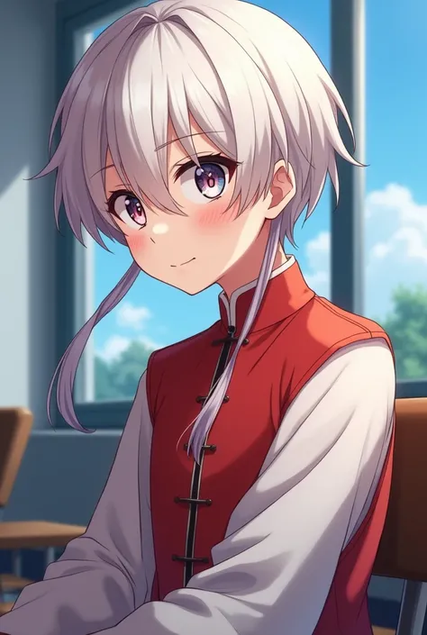 a beautiful anime boy with platinum colored hair, with a bit of ruby ​​and sky blue, he has brilliant 5 colored eyes and a 4 pointed star in his eyes, he is sitting on a chair in the classroom He smiled softly, wearing an ancient Chinese shirt with two whi...