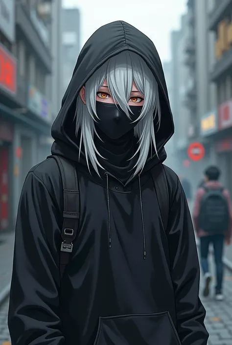 19 -year-old white-skinned man with long white hair , Black coffee eyes ,  slim build , with something that covers his mouth and nose and hood up in anime-style wear street clothes