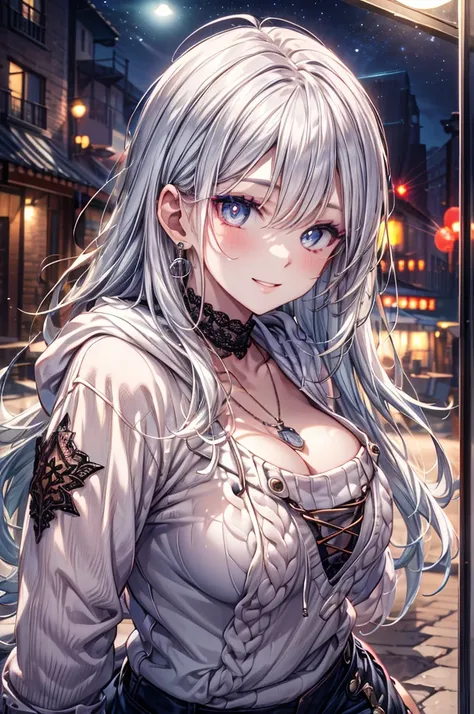 ((relax at seaside cafe at night:1.3)), BREAK, ((18-years old)), (silver long hair:1.5), reflective hair, ((focus face)), (natural skin:1.3), (natural looking makeup:1.5), (slim:1.4), ((medium breast:1.5)), BREAK, ((hoodie sweater and lace-up boots:1.4)), ...