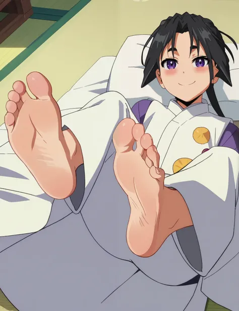 Source_anime, score_9, score_8_up, score_7_up, anime screencap, 8k, absurd res, Tokiyuki Hojo, 1boy, solo, official style, barefoot, foot focus, in his room, looking at viewer, lying on the bed, lifting legs to show his soles, from above, Alone, cowboy sho...