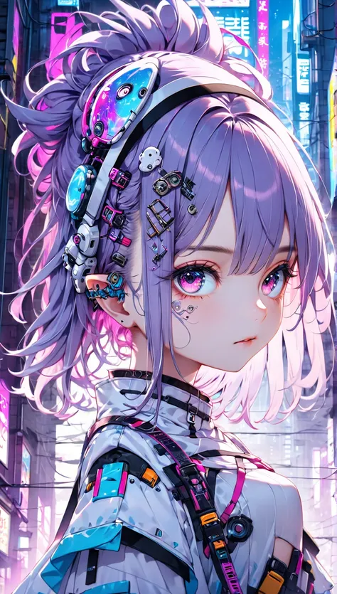  A very young and cute girl from the anime is standing in front of a building wearing a dress and headband, digital  Cyberpunk anime art, Digital  Cyberpunk - Anime Art, アニメ Cyberパンクアート,  Cyberpunk Anime Girl,  Cyberpunk Anime Girl mech,  Anime Style 4k , ...