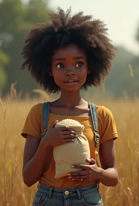 Chimamanda  24 years old black African girl with natural hair holding a small sack of rice given by Emeka, her face torn between gratitude and shame. Make the image realistic HD landscape please
