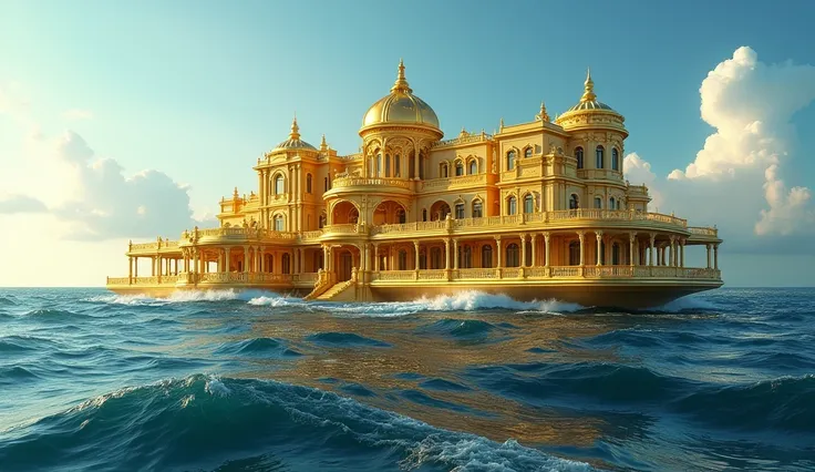 A big expensive house floating in ocean, a house maded completely gold, floating in sea waves, 