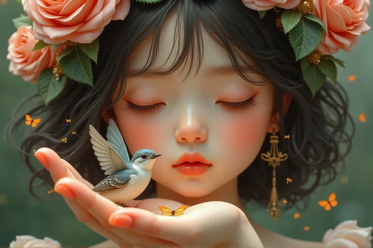  girl  (close up)  with closed eyes wrapped in a blooming rose , . A bird with open wings is stuck in its beak on her palm, there are many moths and butterflies around .