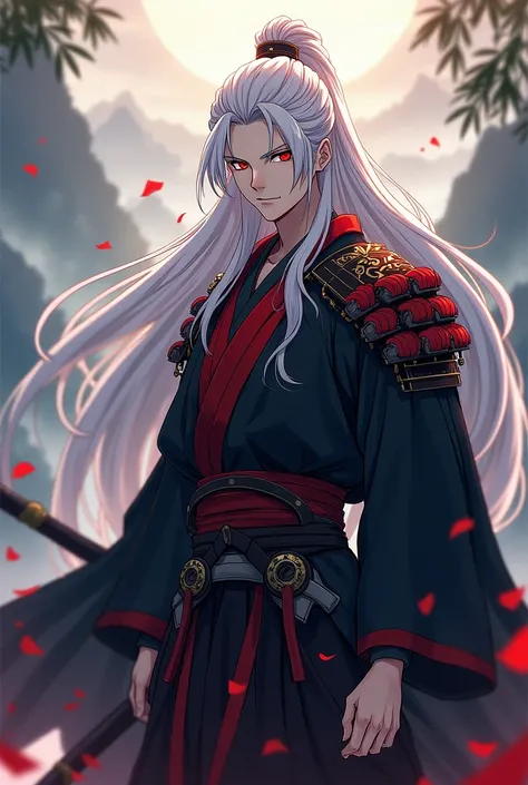  Make an anime character with red eyes and white hair, male and dressed as a samurai  