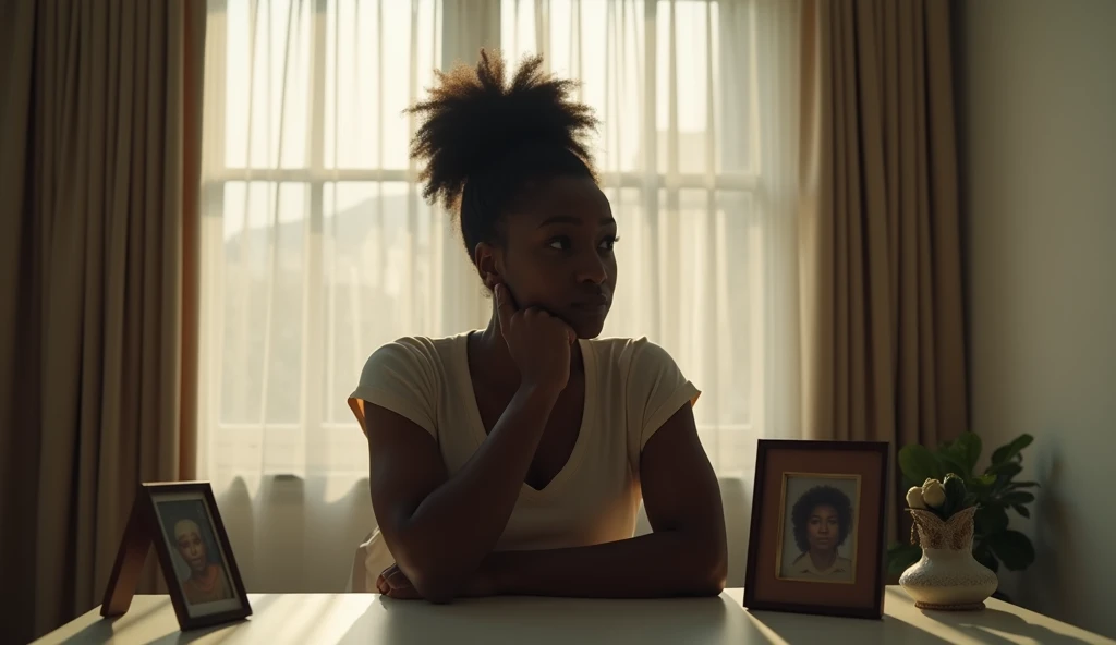 Image of a 28-year-old African woman thinking deeply,  with a melancholic expression ,  Image of a woman thinking deeply .  in a modern but bare room ,  but a shadow covers her face .  She is sitting alone at a table ,  surrounded by family photos ,  Morni...