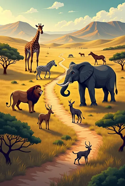 Make a pictorial map of african animals, lion, hyena, zebra, giraffe, elephant, anx antelope 