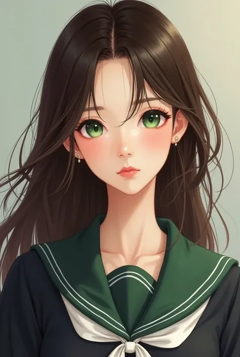 A beautiful Korean girl, Has brown hair, Has green eyes, wears a school uniform