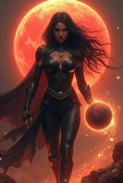 A black-haired warrior woman in black armor holding the planet Mars