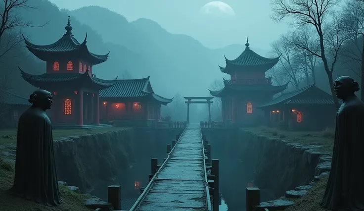 A misty and eerie ancient Chinese city on the banks of a wide, dark river. The scene features an array of ominous Taoist temples with red and black roofs, surrounded by dense forest. The foreground shows ghostly statues of tortured souls, their expressions...