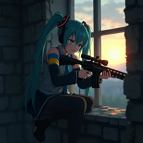 Anime girl Hattsune Miku sniper, on the shoulder of the chevron, the flag of Ukraine , holding an M416 ,  sits in a ruined house in the window at sunset and looks into the distance outside the window, mysterious style, detail,  Make sure that the chevron w...